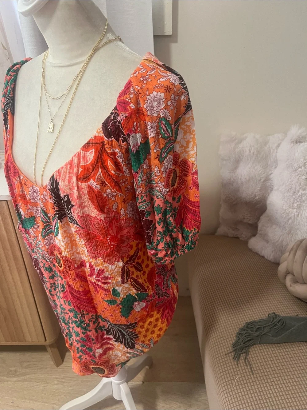 LOFT Orange Multi Floral Scoop-Neck Blouse